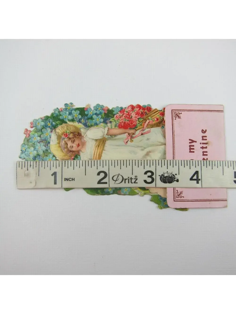 Vintage Valentine 3D Pop Up Die Cut Girl Hat Wheelbarrow Red Roses Blue Flowers